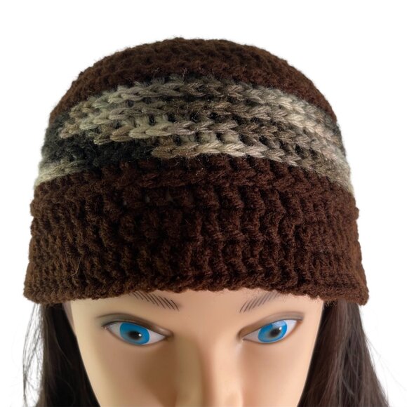 Crochet Bucket Beanie Hat Granny Square Pattern Brown Handmade New Foldable main image 4